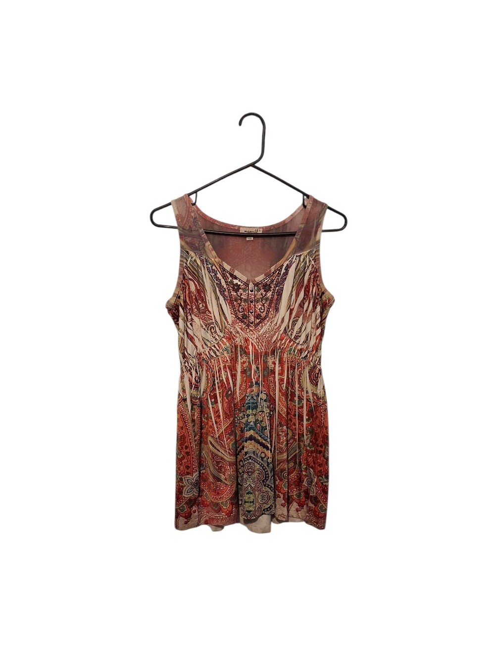 Y2K Boho Peasant Rhinestone Sleeveless Top S Paisley Western Festival Tuscan Mom